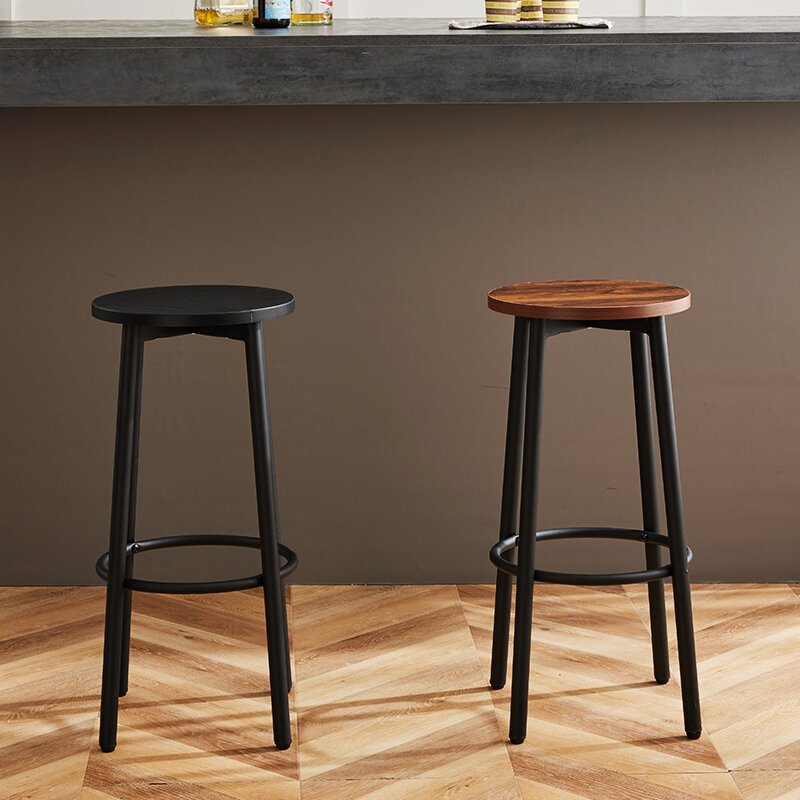 Tabouret de bar rond en bois et fer minimaliste moderne avec repose-pieds pour salon et salle à manger 