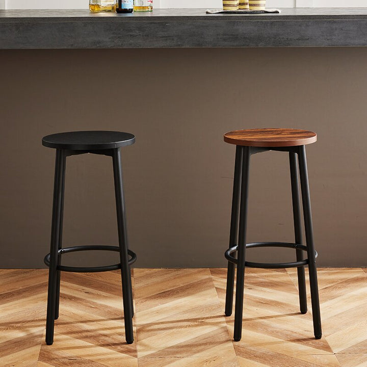Tabouret de bar rond en bois et fer minimaliste moderne avec repose-pieds pour salon et salle à manger 