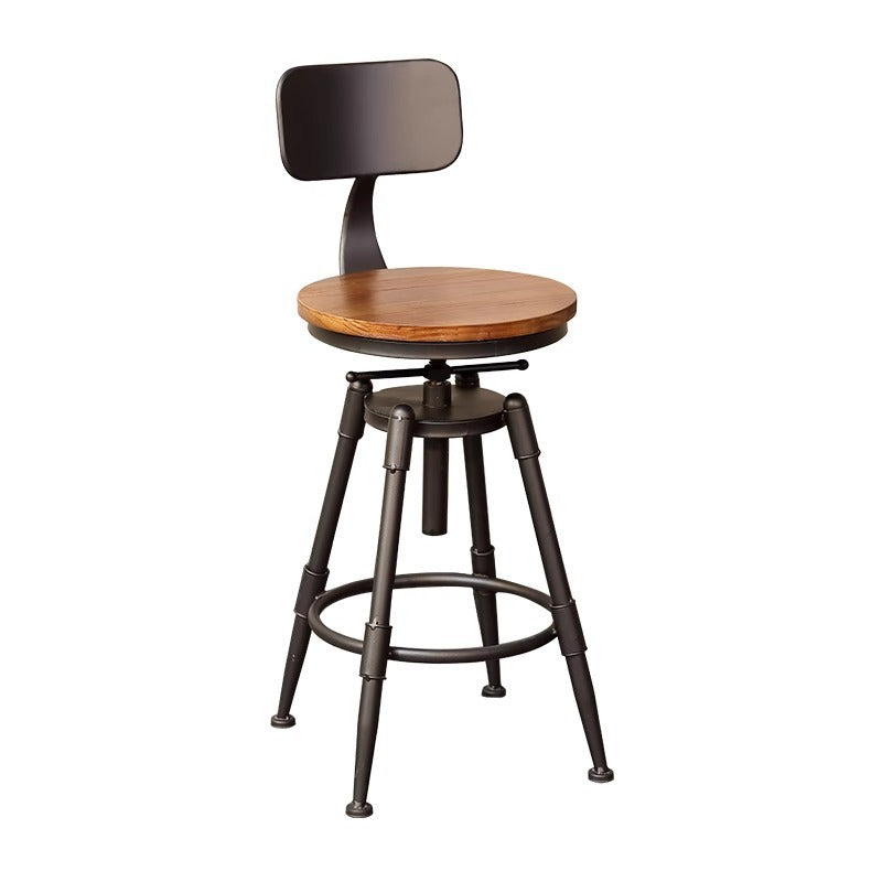 Tabouret de bar rond carré en cuir et fer avec dossier pour salon et salle à manger en bois massif industriel contemporain 