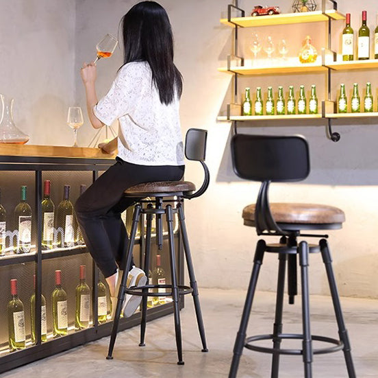 Tabouret de bar rond carré en cuir et fer avec dossier pour salon et salle à manger en bois massif industriel contemporain 