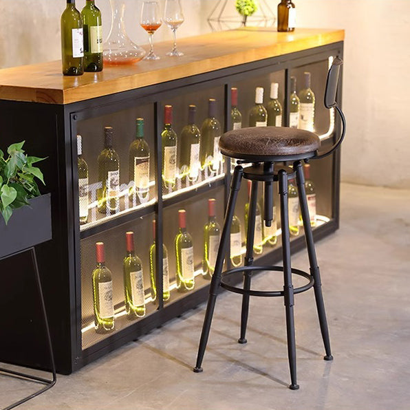 Tabouret de bar rond carré en cuir et fer avec dossier pour salon et salle à manger en bois massif industriel contemporain 