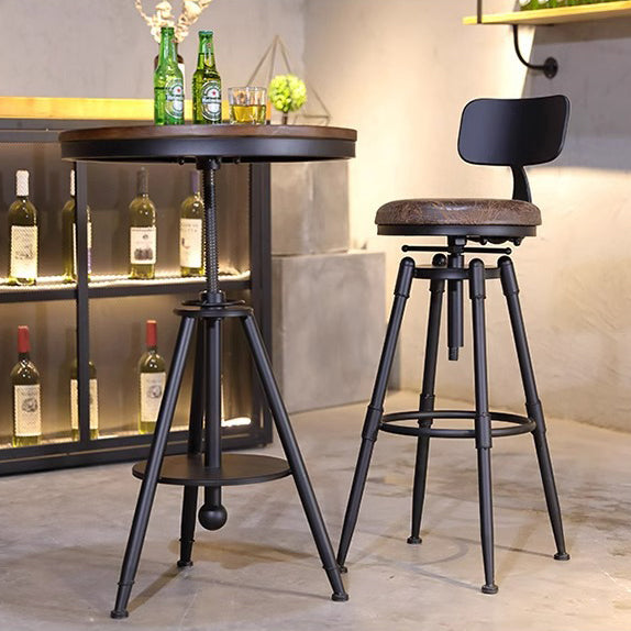 Tabouret de bar rond carré en cuir et fer avec dossier pour salon et salle à manger en bois massif industriel contemporain 