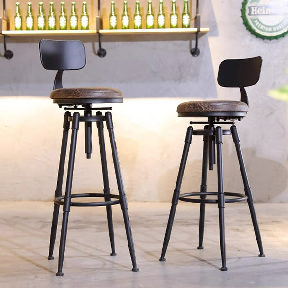 Tabouret de bar rond carré en cuir et fer avec dossier pour salon et salle à manger en bois massif industriel contemporain 