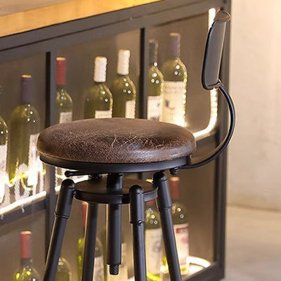Tabouret de bar rond carré en cuir et fer avec dossier pour salon et salle à manger en bois massif industriel contemporain 