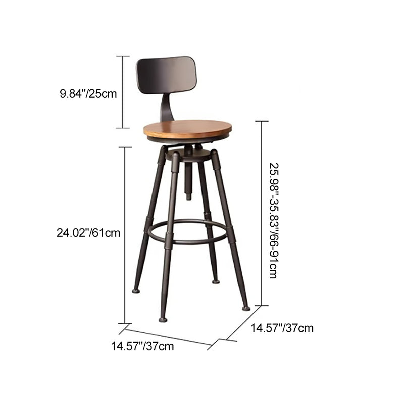 Tabouret de bar rond carré en cuir et fer avec dossier pour salon et salle à manger en bois massif industriel contemporain 