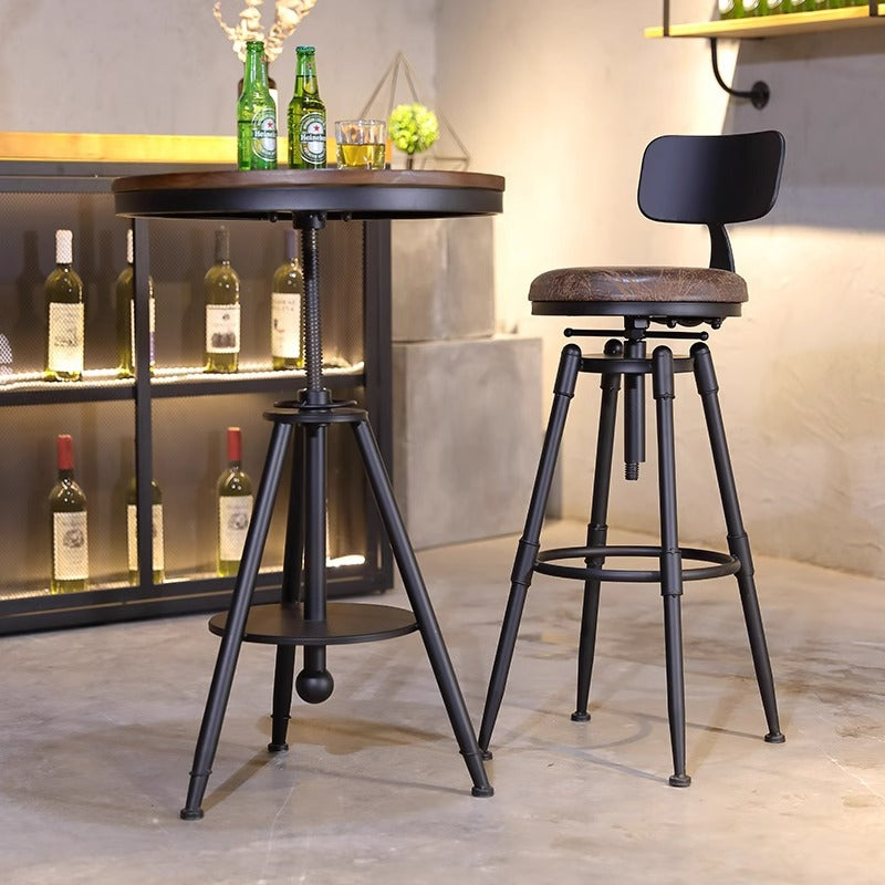 Tabouret de bar rond carré en cuir et fer avec dossier pour salon et salle à manger en bois massif industriel contemporain 