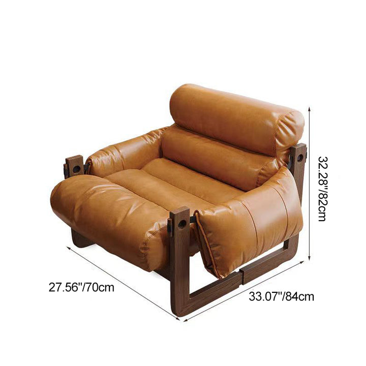 Chaise d'appoint carrée-ronde avec dossier et accoudoirs en cuir synthétique effet huile-cire, bois massif, style chinois traditionnel, pour salon 