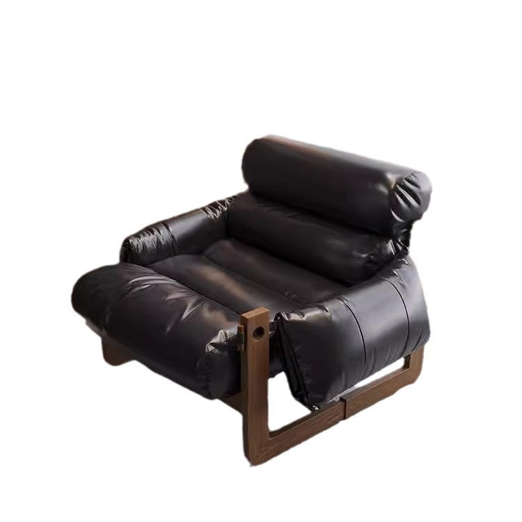 Traditional Chinese Faux Oil-Wax Leather Solid Wood Square-Rounded Accent Chair With Backrest Armrest For Living Room