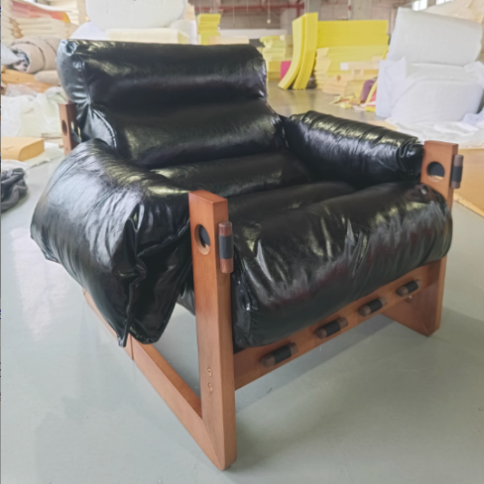 Traditional Chinese Faux Oil-Wax Leather Solid Wood Square-Rounded Accent Chair With Backrest Armrest For Living Room