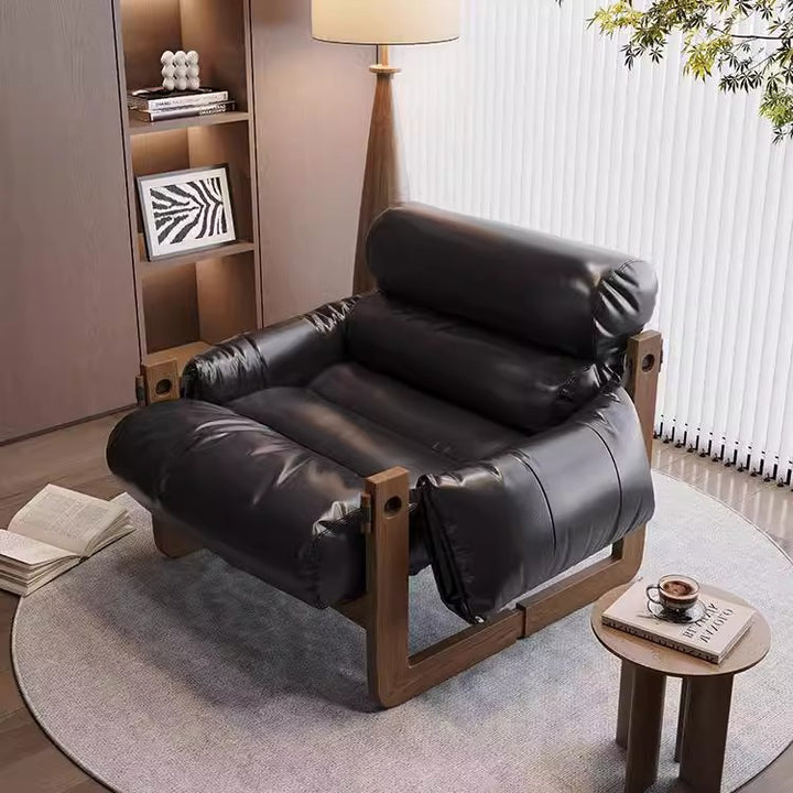 Chaise d'appoint carrée-ronde avec dossier et accoudoirs en cuir synthétique effet huile-cire, bois massif, style chinois traditionnel, pour salon 