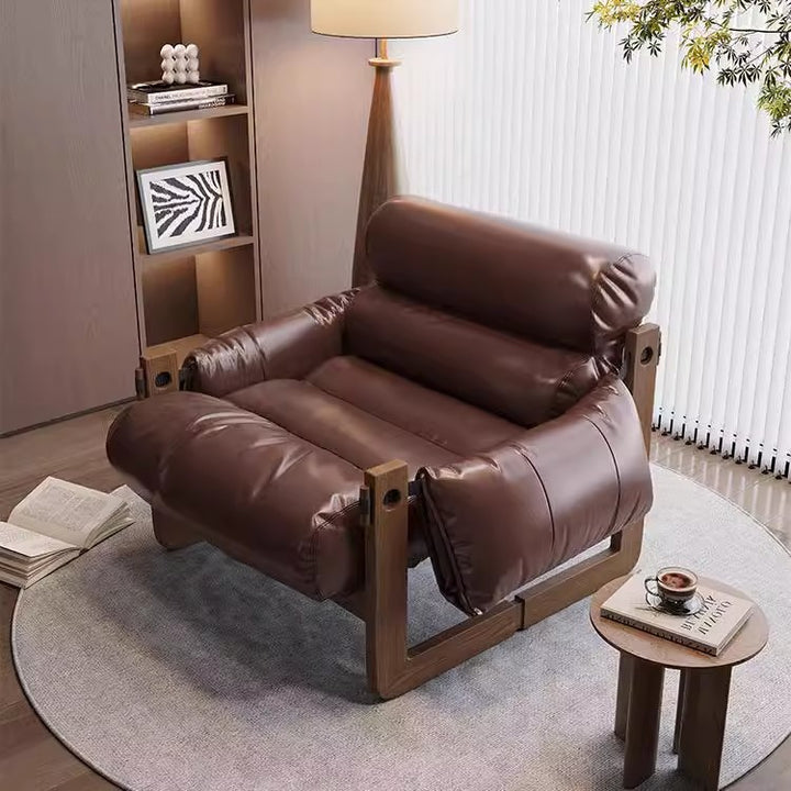 Chaise d'appoint carrée-ronde avec dossier et accoudoirs en cuir synthétique effet huile-cire, bois massif, style chinois traditionnel, pour salon 
