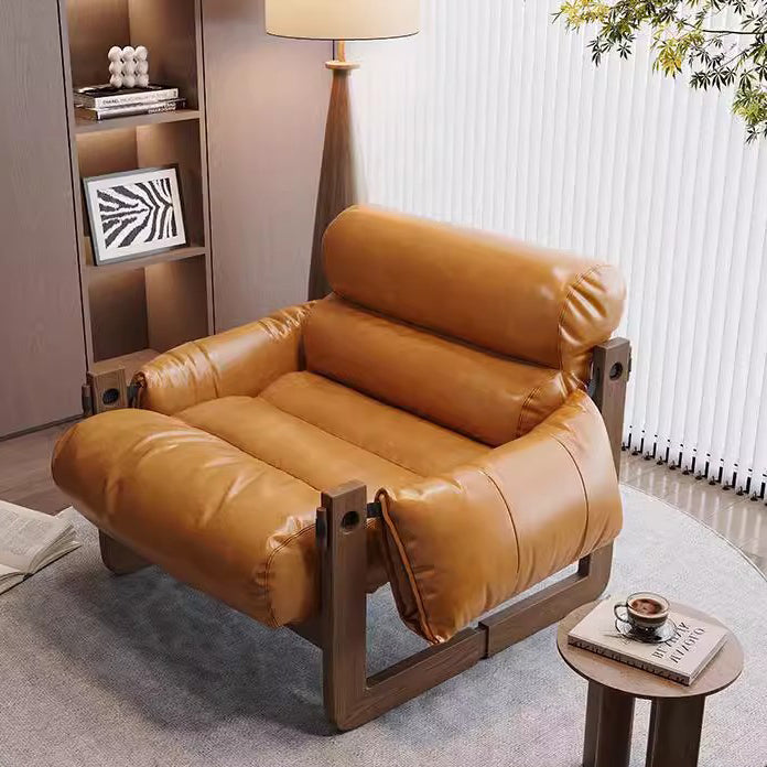 Traditional Chinese Faux Oil-Wax Leather Solid Wood Square-Rounded Accent Chair With Backrest Armrest For Living Room