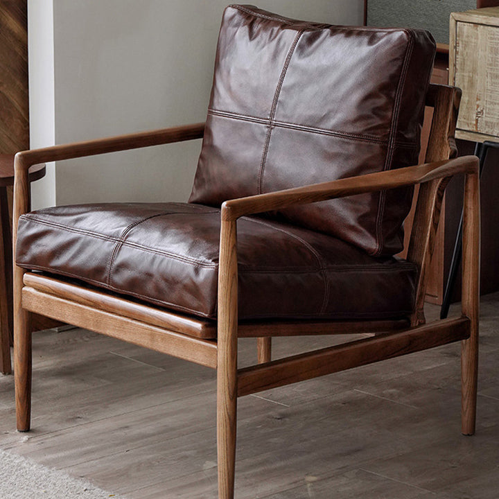 Chaise d’appoint carrée à bord droit en cuir synthétique japonais traditionnel effet huile-cire, avec dossier et accoudoirs, pour chambre et salon 