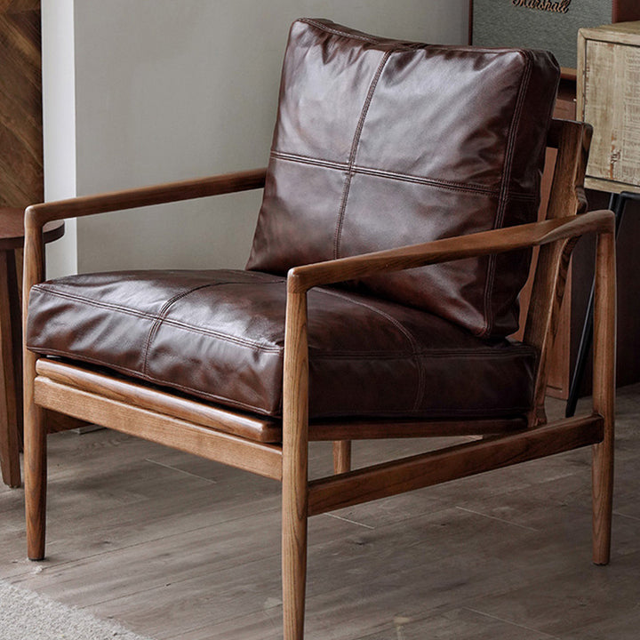 Chaise d’appoint carrée à bord droit en cuir synthétique japonais traditionnel effet huile-cire, avec dossier et accoudoirs, pour chambre et salon 