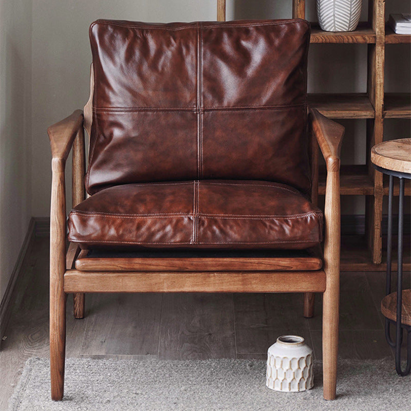 Traditional Japanese Leather Wood Square Straight-Edge Accent Chair With Backrest Armrests For Bedroom & Living Room