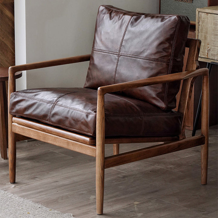 Chaise d’appoint carrée à bord droit en cuir synthétique japonais traditionnel effet huile-cire, avec dossier et accoudoirs, pour chambre et salon 