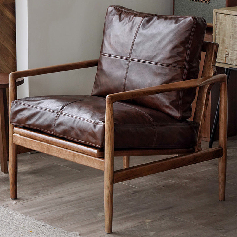 Traditional Japanese Leather Wood Square Straight-Edge Accent Chair With Backrest Armrests For Bedroom & Living Room