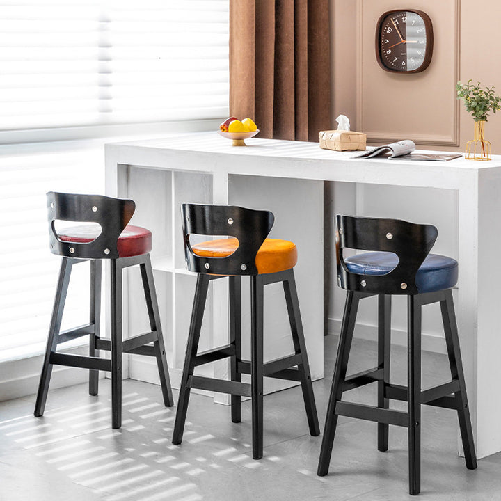 Modern Minimalist PU Leather & Solid Wood Round Horn-Shaped Bar Stool With Backrest For Living Room & Dining Room