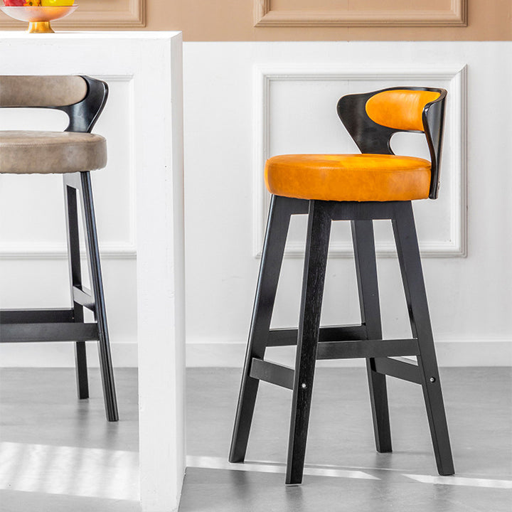 Tabouret de bar rond en forme de corne, en cuir PU et bois massif, style moderne minimaliste, avec dossier, pour salon et salle à manger 