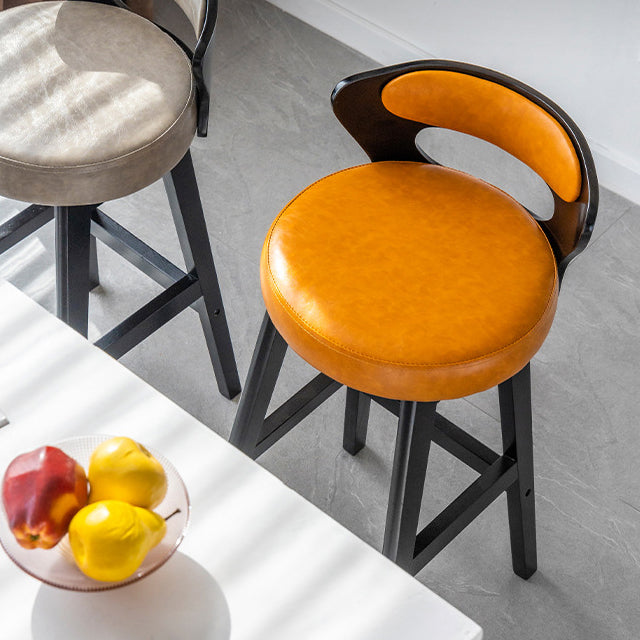 Tabouret de bar rond en forme de corne, en cuir PU et bois massif, style moderne minimaliste, avec dossier, pour salon et salle à manger 