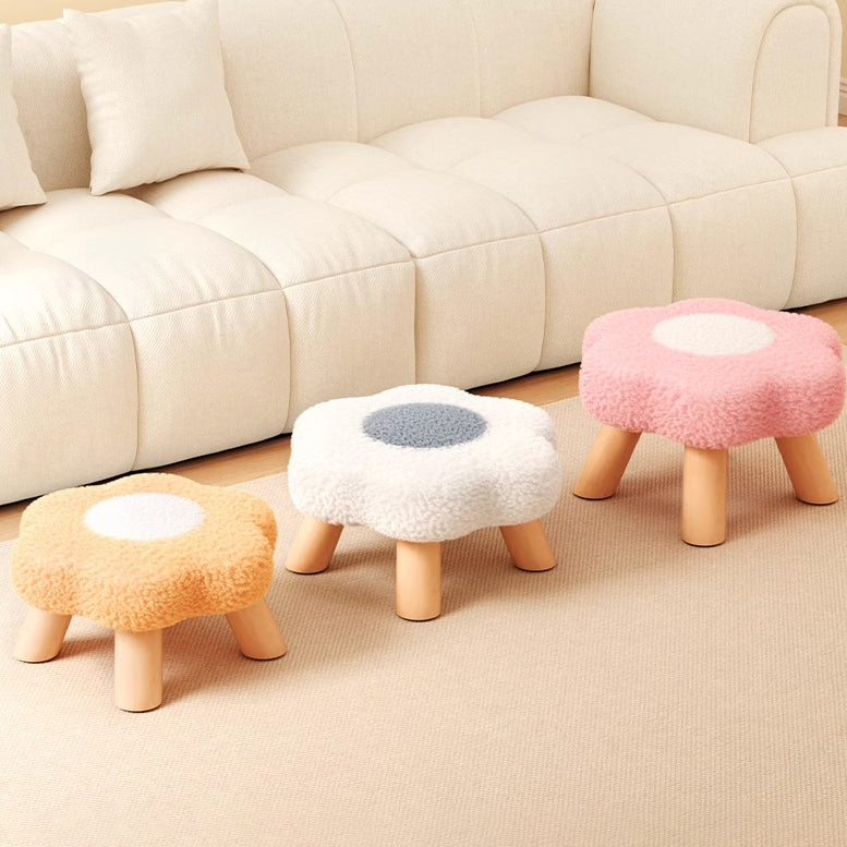Modern Art Deco Faux Fleece Solid Wood Flower-Shaped Cylinder Low Stool For Bedroom &amp; Living Room