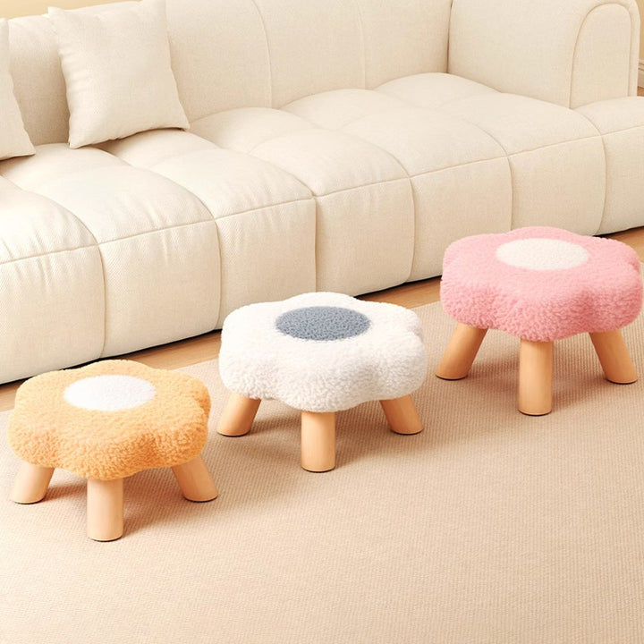 Modern Art Deco Faux Fleece Solid Wood Flower-Shaped Cylinder Low Stool For Bedroom &amp; Living Room