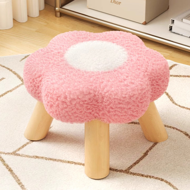 Modern Art Deco Faux Fleece Solid Wood Flower-Shaped Cylinder Low Stool For Bedroom &amp; Living Room