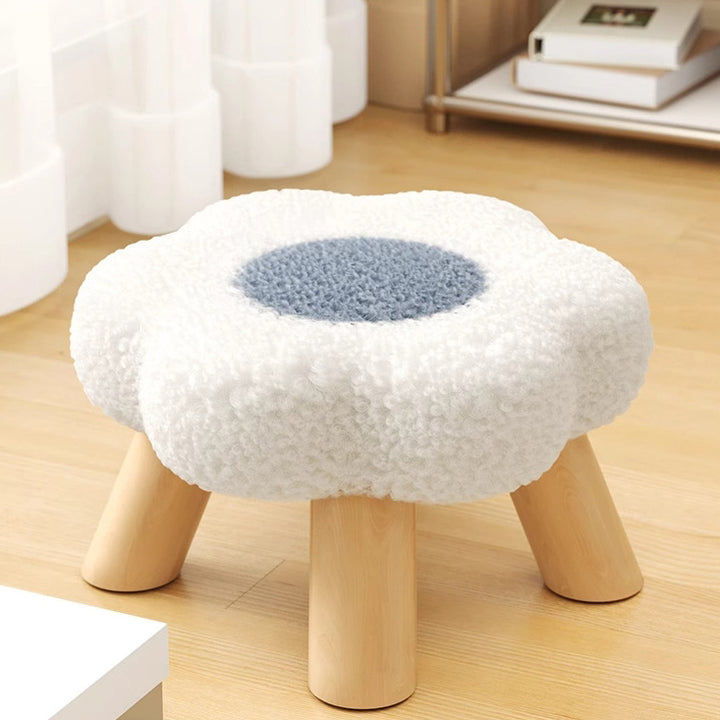 Modern Art Deco Faux Fleece Solid Wood Flower-Shaped Cylinder Low Stool For Bedroom &amp; Living Room