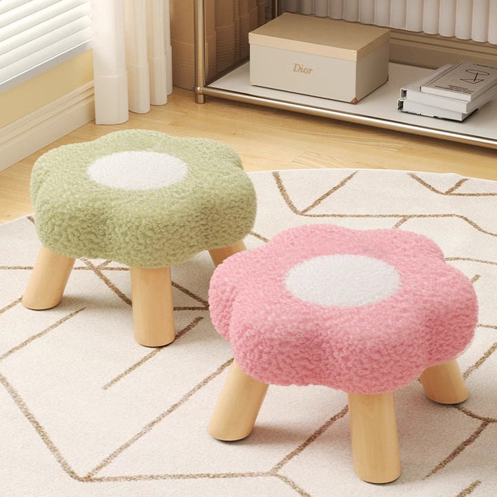 Modern Art Deco Faux Fleece Solid Wood Flower-Shaped Cylinder Low Stool For Bedroom &amp; Living Room