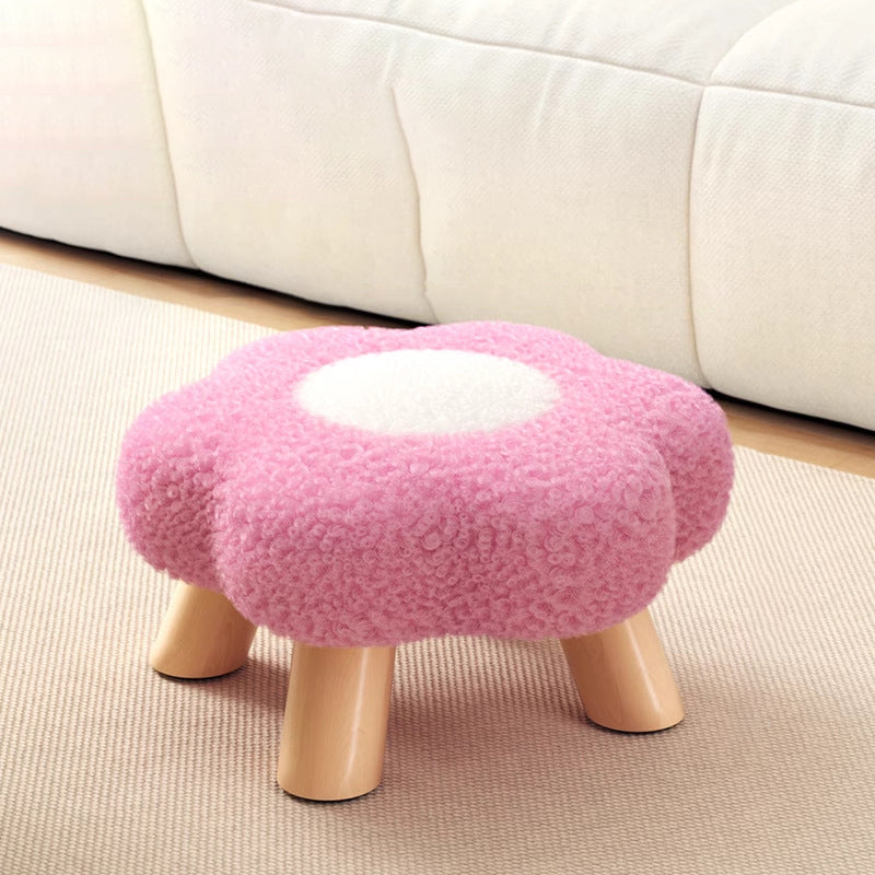 Modern Art Deco Faux Fleece Solid Wood Flower-Shaped Cylinder Low Stool For Bedroom &amp; Living Room
