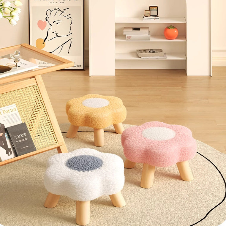 Modern Art Deco Faux Fleece Solid Wood Flower-Shaped Cylinder Low Stool For Bedroom &amp; Living Room