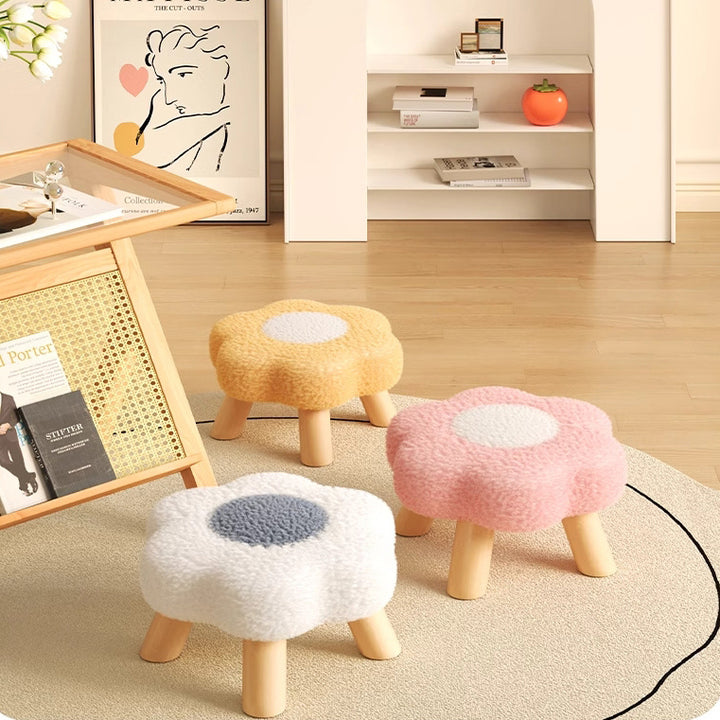 Modern Art Deco Faux Fleece Solid Wood Flower-Shaped Cylinder Low Stool For Bedroom &amp; Living Room