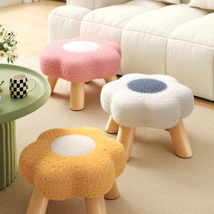Modern Art Deco Faux Fleece Solid Wood Flower-Shaped Cylinder Low Stool For Bedroom &amp; Living Room