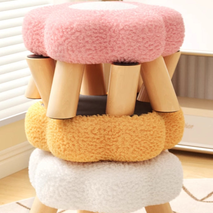Modern Art Deco Faux Fleece Solid Wood Flower-Shaped Cylinder Low Stool For Bedroom &amp; Living Room