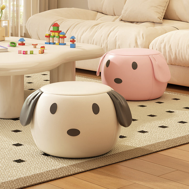 Tabouret bas rond en bois massif en cuir PU Art Déco moderne avec animal de dessin animé pour chambre et salon 