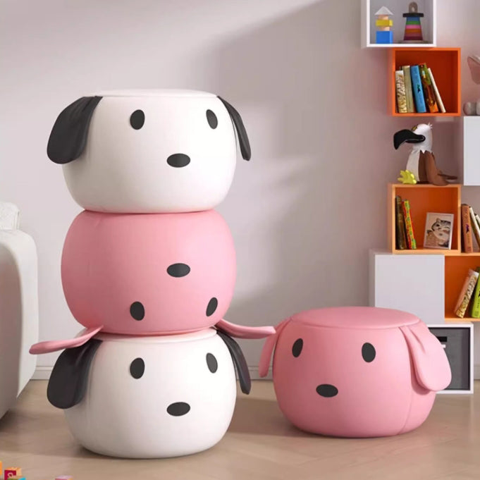 Tabouret bas rond en bois massif en cuir PU Art Déco moderne avec animal de dessin animé pour chambre et salon 