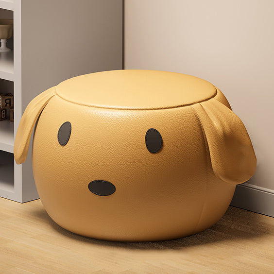 Tabouret bas rond en bois massif en cuir PU Art Déco moderne avec animal de dessin animé pour chambre et salon 