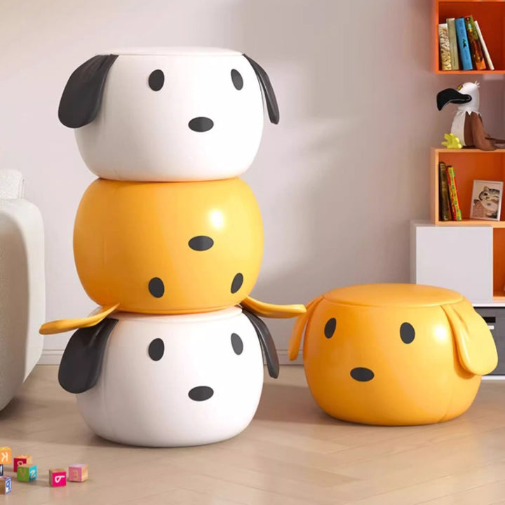 Tabouret bas rond en bois massif en cuir PU Art Déco moderne avec animal de dessin animé pour chambre et salon 