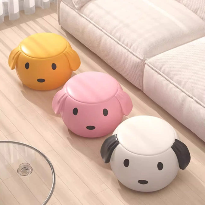 Tabouret bas rond en bois massif en cuir PU Art Déco moderne avec animal de dessin animé pour chambre et salon 