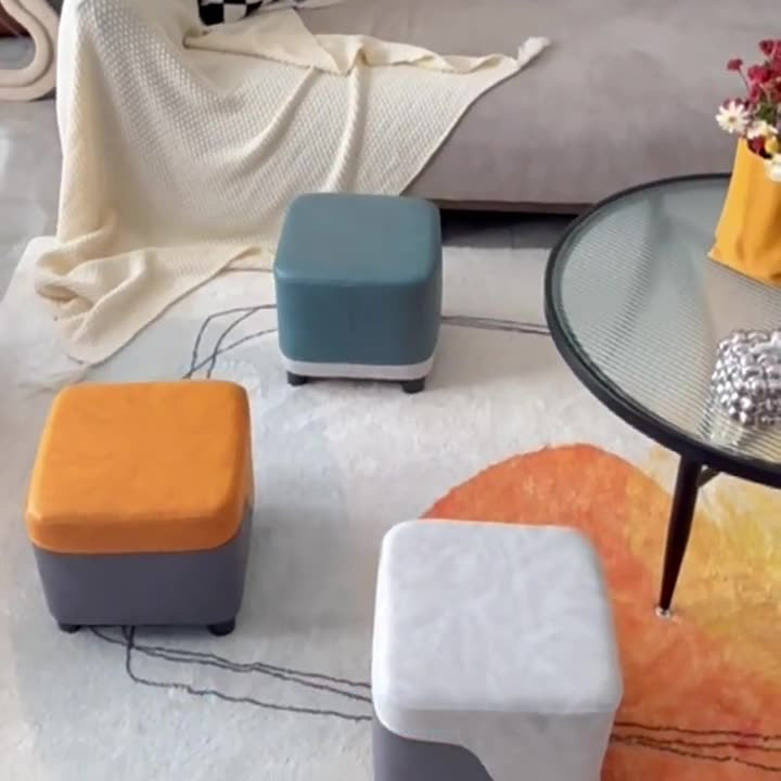 Modern Minimalist Synthetic Fabric Solid Wood Rounded Square Low Stool With Storage For Living Room