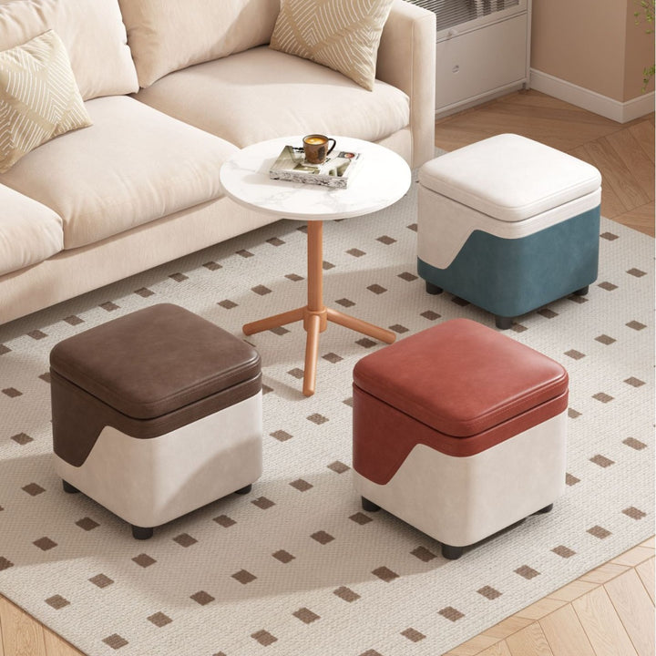Modern Minimalist Synthetic Fabric Solid Wood Rounded Square Low Stool With Storage For Living Room