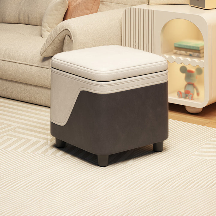 Modern Minimalist Synthetic Fabric Solid Wood Rounded Square Low Stool With Storage For Living Room