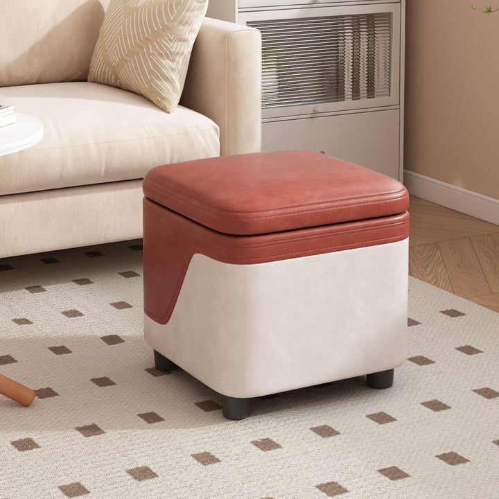 Modern Minimalist Synthetic Fabric Solid Wood Rounded Square Low Stool With Storage For Living Room