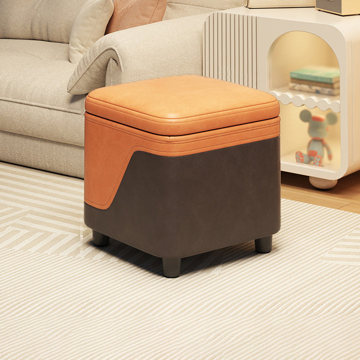 Modern Minimalist Synthetic Fabric Solid Wood Rounded Square Low Stool With Storage For Living Room