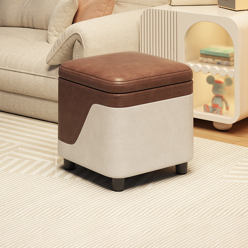 Modern Minimalist Synthetic Fabric Solid Wood Rounded Square Low Stool With Storage For Living Room