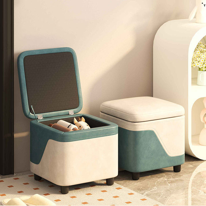 Modern Minimalist Synthetic Fabric Solid Wood Rounded Square Low Stool With Storage For Living Room