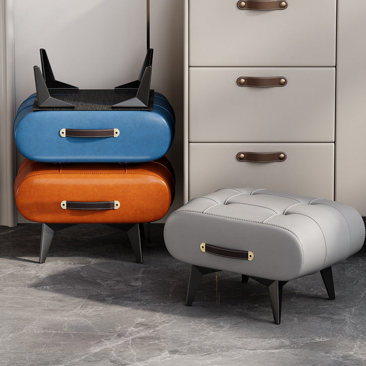 Contemporary Scandinavian PU Leather Solid Wood Metal Rectangular Low Stool For Living Room
