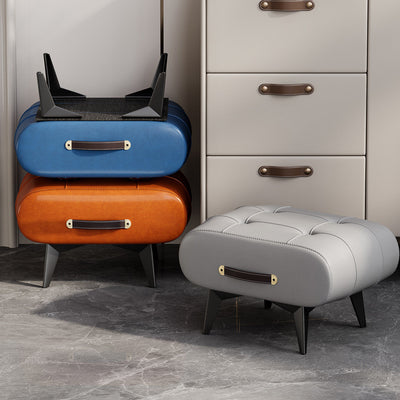 Contemporary Scandinavian PU Leather Solid Wood Metal Rectangular Low Stool For Living Room