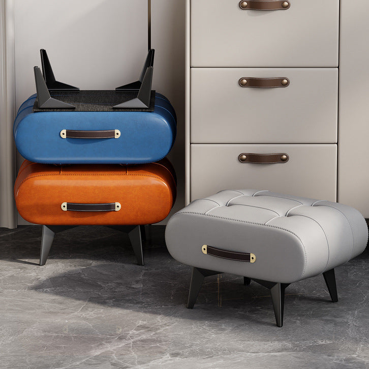 Contemporary Scandinavian PU Leather Solid Wood Metal Rectangular Low Stool For Living Room