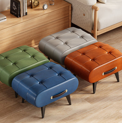 Contemporary Scandinavian PU Leather Solid Wood Metal Rectangular Low Stool For Living Room